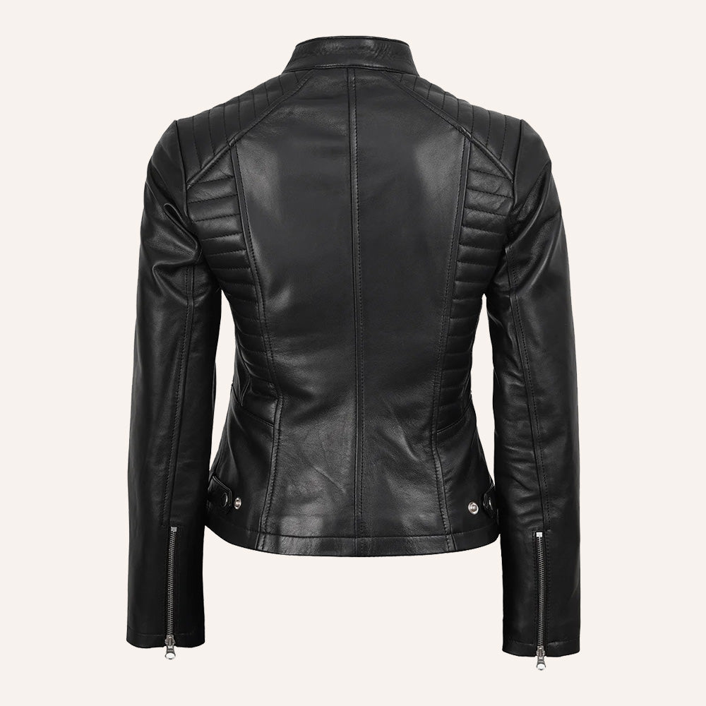 Women’s Classic Black Quilted Real Leather Racer Biker Jacket