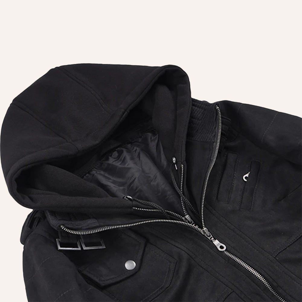 Women’s Black Suede 2-in-1 Hooded Bomber Jacket with Removable Hood
