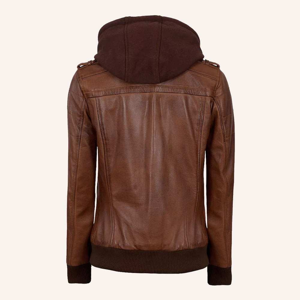Women’s Classic Cognac Brown Real Leather 2-in-1 Hooded Bomber Jacket with Removable Hood