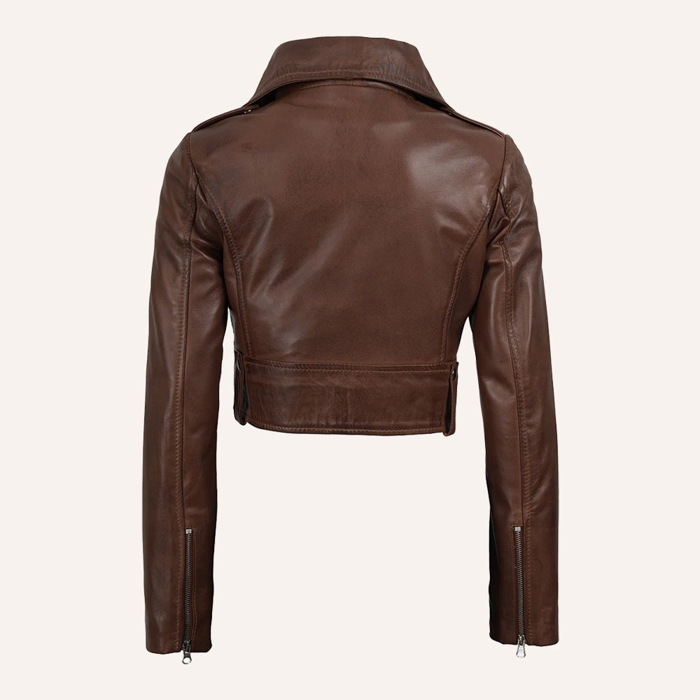 Women’s Classic Dark Brown Cropped Real Leather Biker Jacket