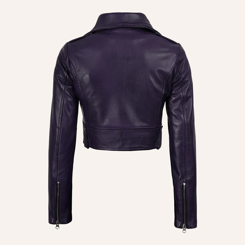 Women’s Classic Deep Purple Cropped Real Leather Biker Jacket