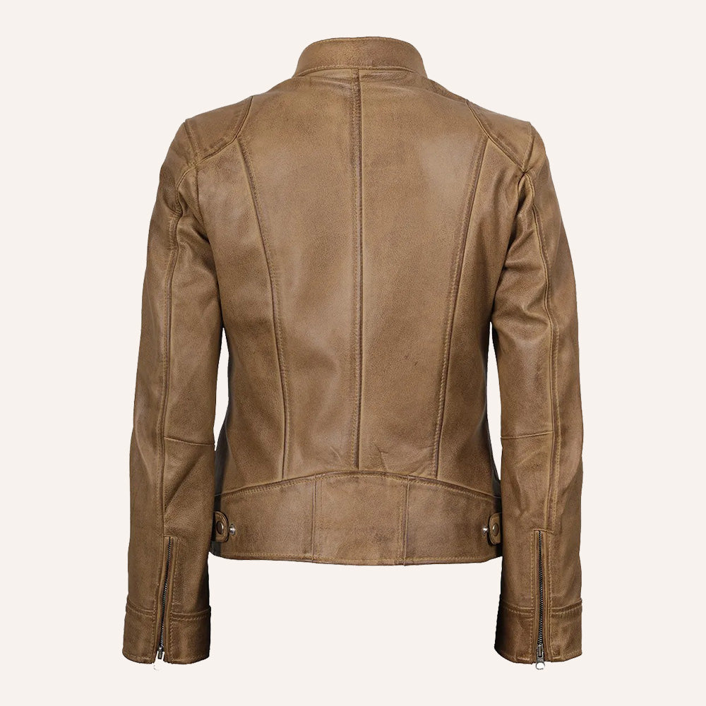 Women’s Classic Distressed Beige Real Leather Cafe Racer Biker Jacket