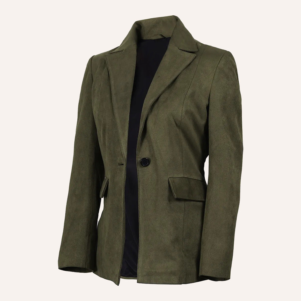 Women’s Classic Olive Green Real Suede Single Button Blazer Jacket