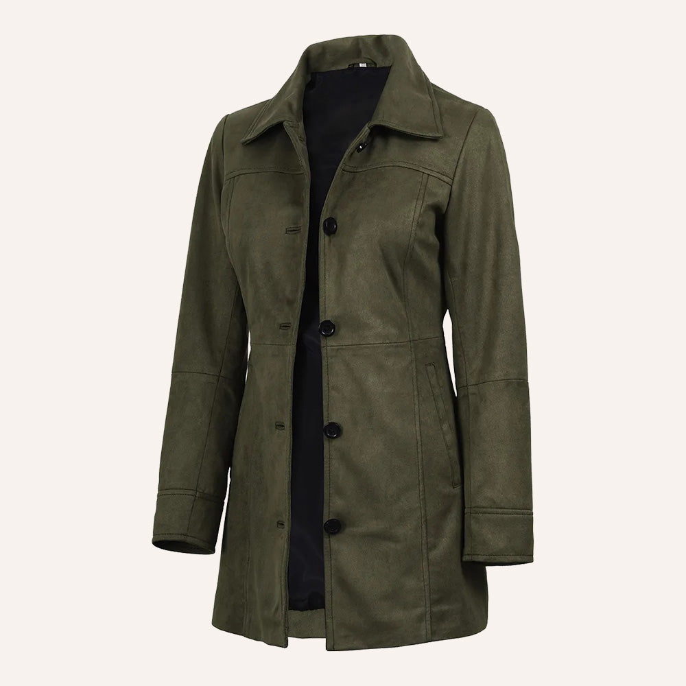 Women’s Classic Olive Green Suede Leather Mid-Length Trench Coat