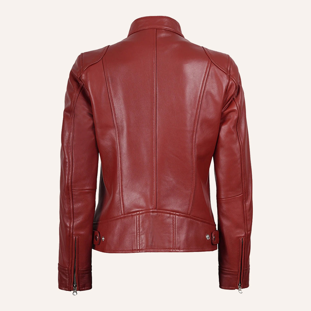Women’s Classic Red Real Leather Cafe Racer Biker Jacket