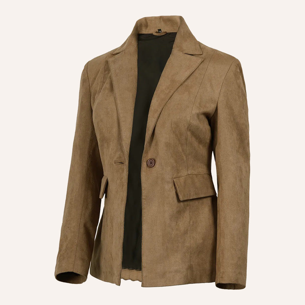 Women’s Classic Tan Real Suede Single Button Blazer Jacket