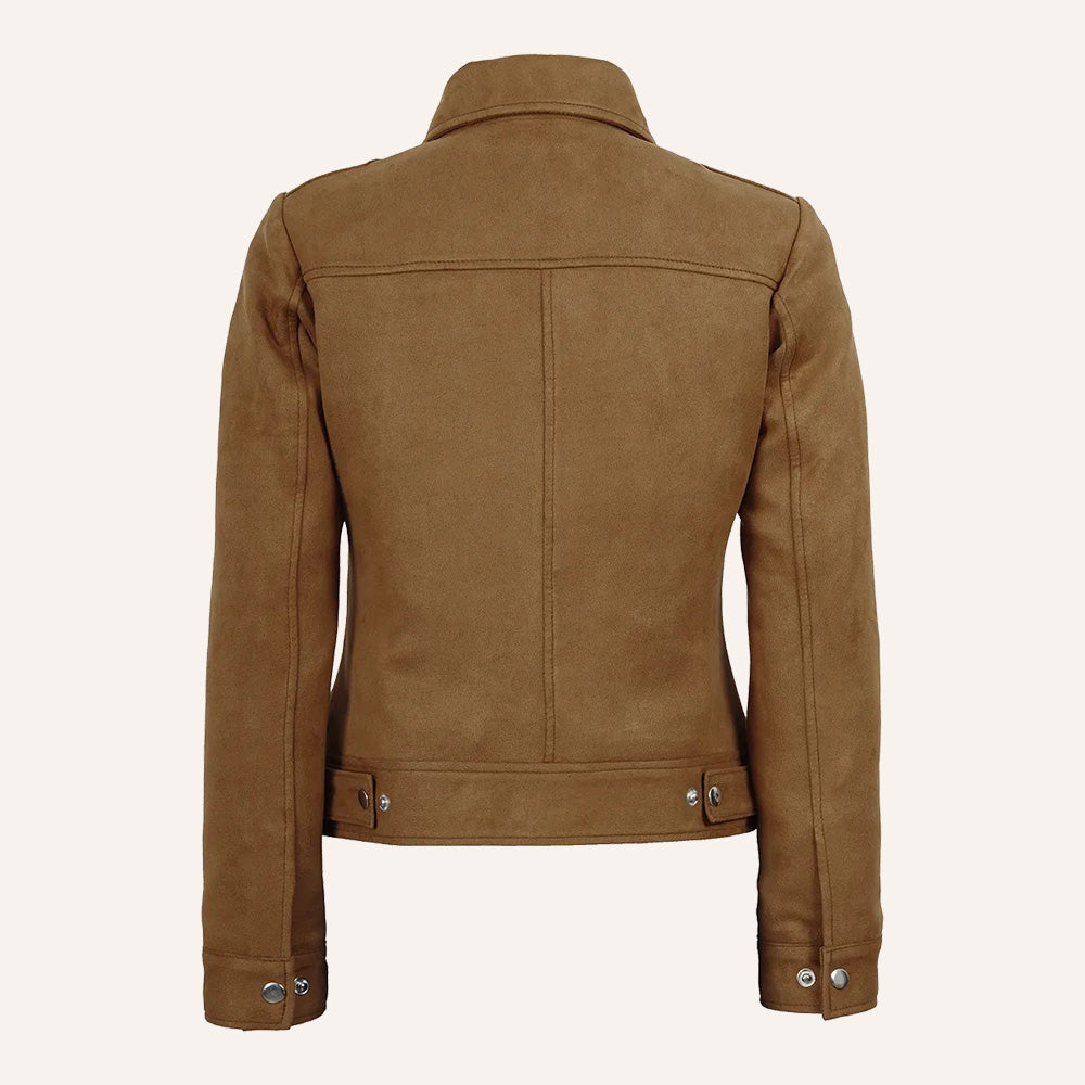 Women’s Classic Tan Real Suede Zip-Up Jacket with Snap Waist Tabs