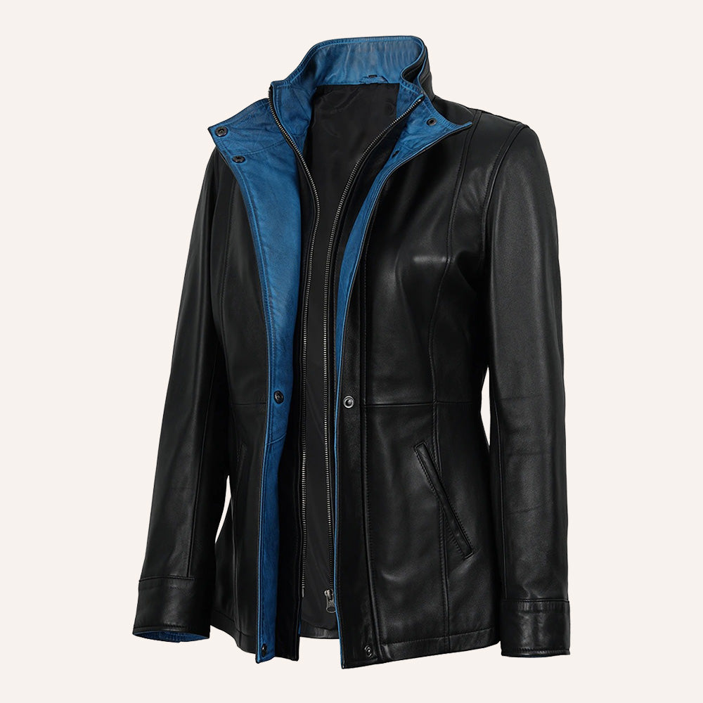 Women’s Classic Two-Tone Black and Royal Blue Real Leather Mid-Length Coat