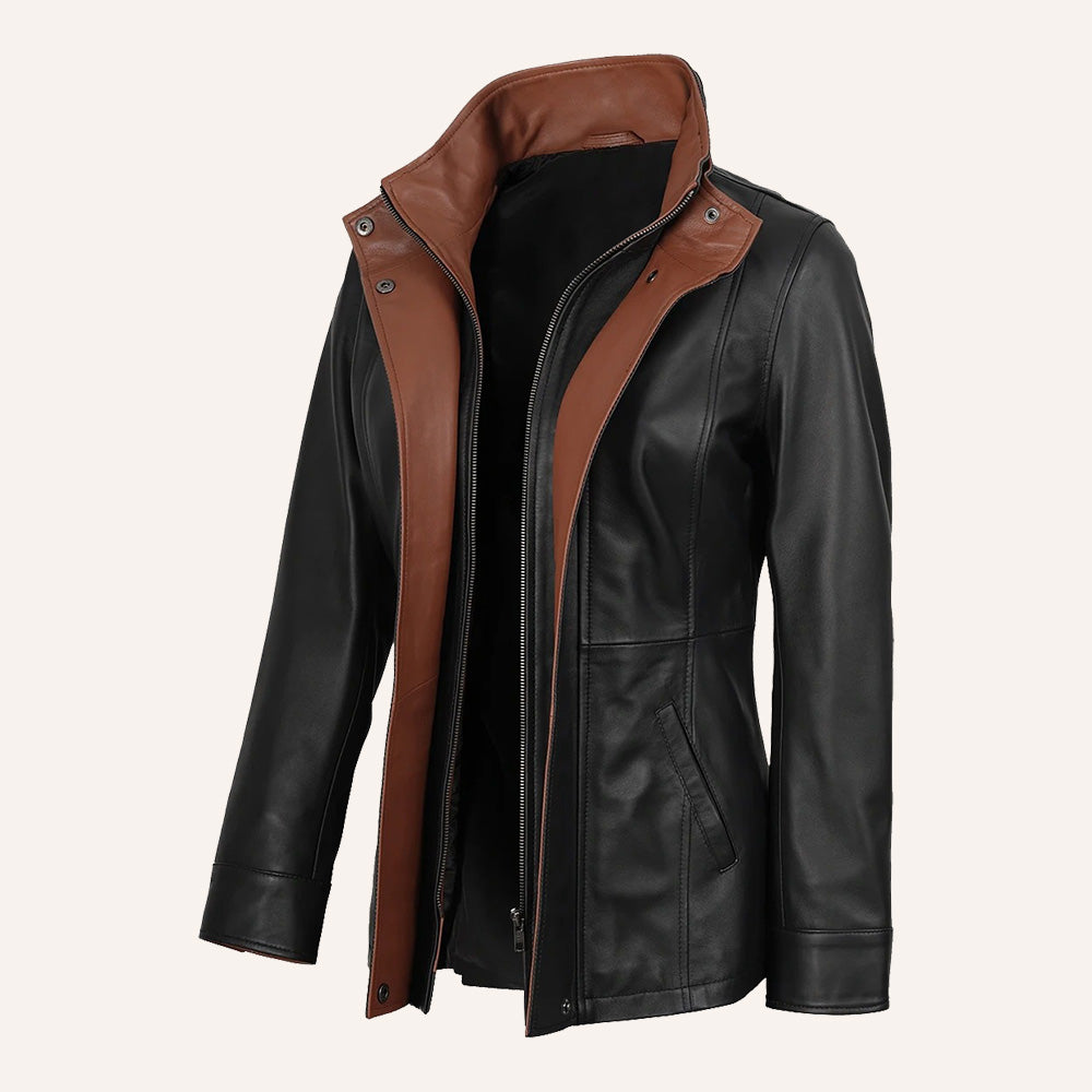 Women’s Classic Two-Tone Black and Tan Brown Real Leather Mid-Length Coat