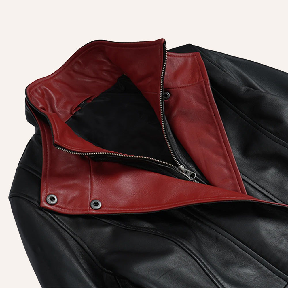 Women’s Classic Two-Tone Black and Crimson Red Real Leather Mid-Length Coat