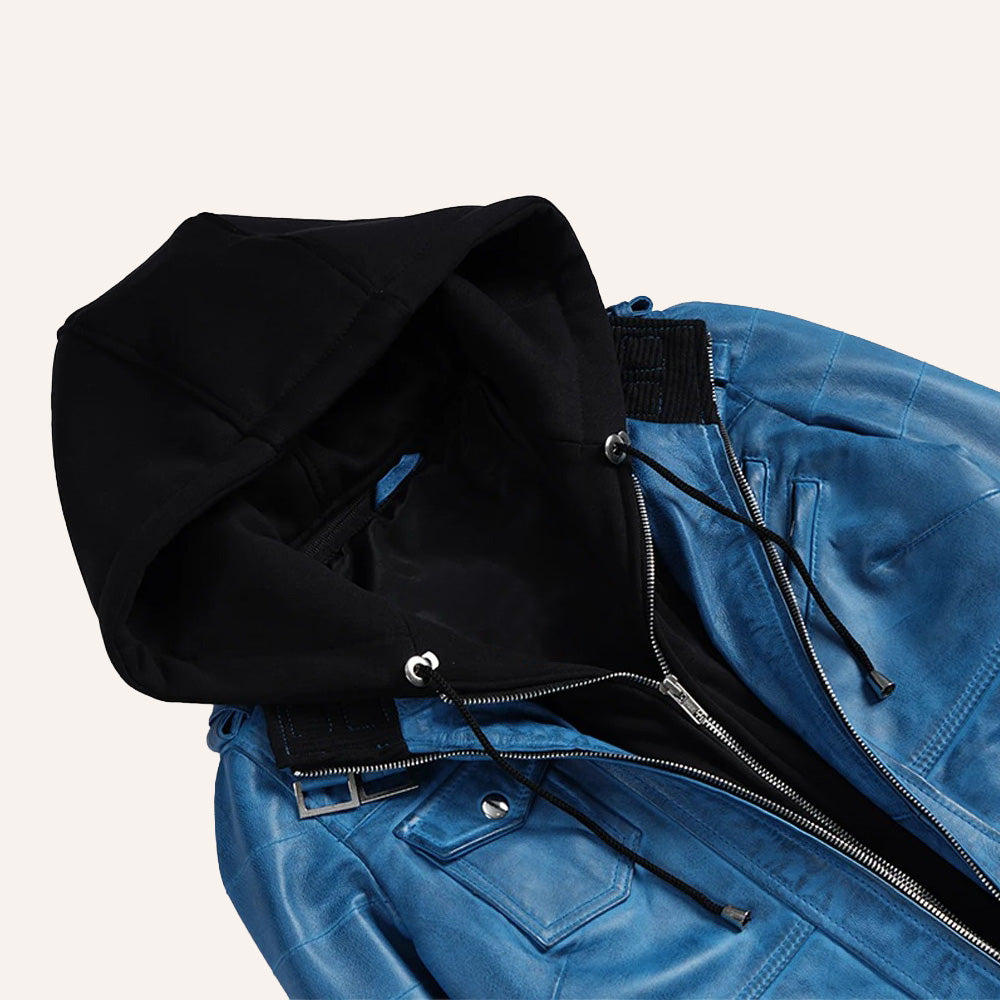 Women’s Classic Vibrant Blue Real Leather 2-in-1 Hooded Bomber Jacket with Removable Hood