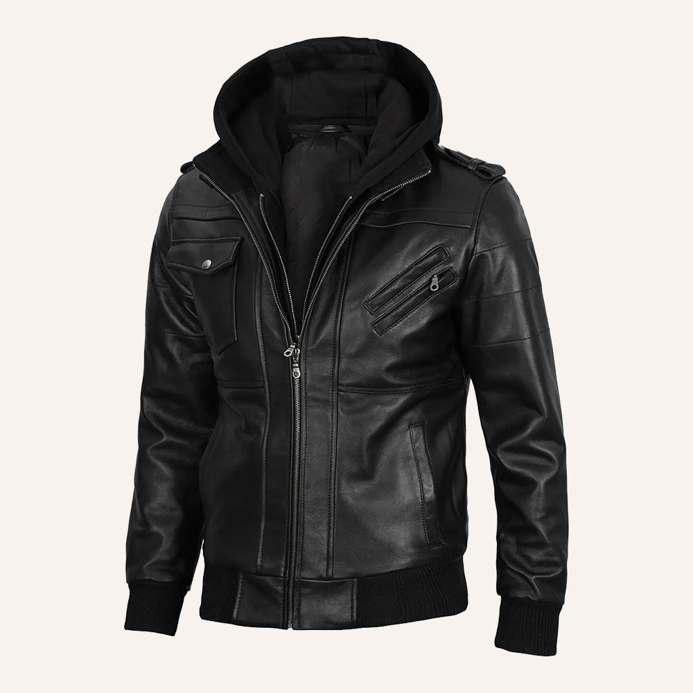 Men's Black Leather Jacket with Detachable Hood
