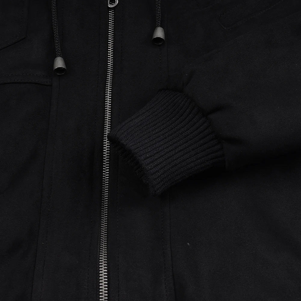 Men’s Classic Black Real Suede 2-in-1 Hooded Bomber Jacket with Removable Hood