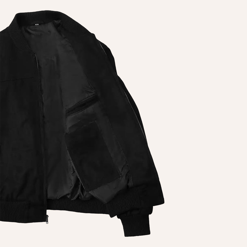 Men’s Classic Black Real Suede Leather Bomber Jacket