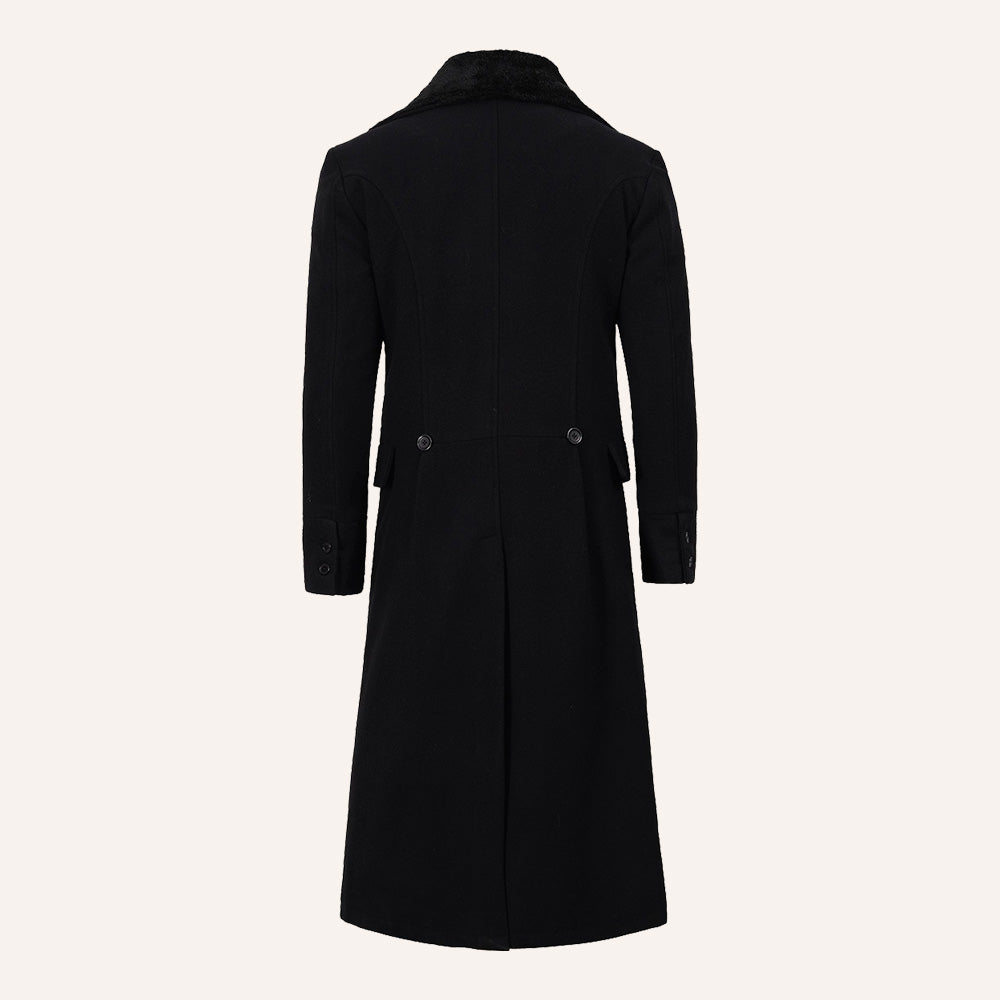 Men’s Classic Black Long Wool Greatcoat with Faux Fur Collar