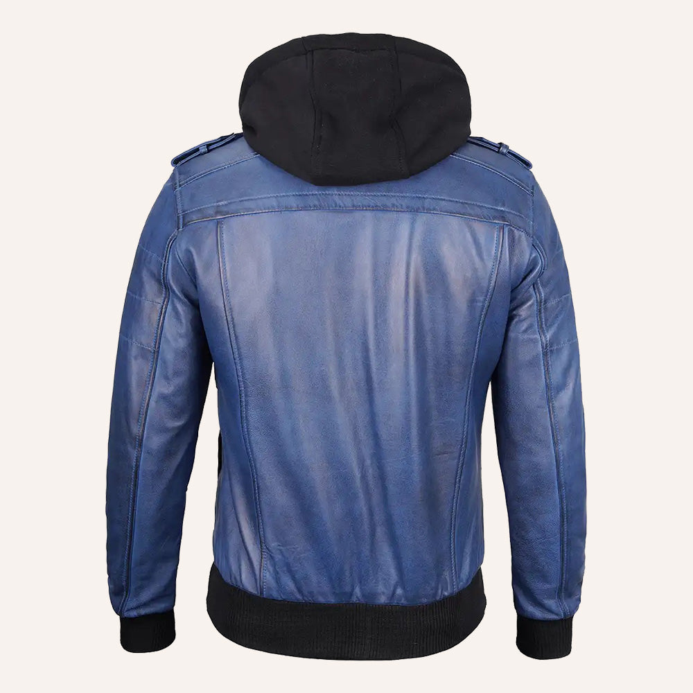Men’s Vintage Blue Real Leather 2-in-1 Hooded Bomber Jacket with Removable Hood