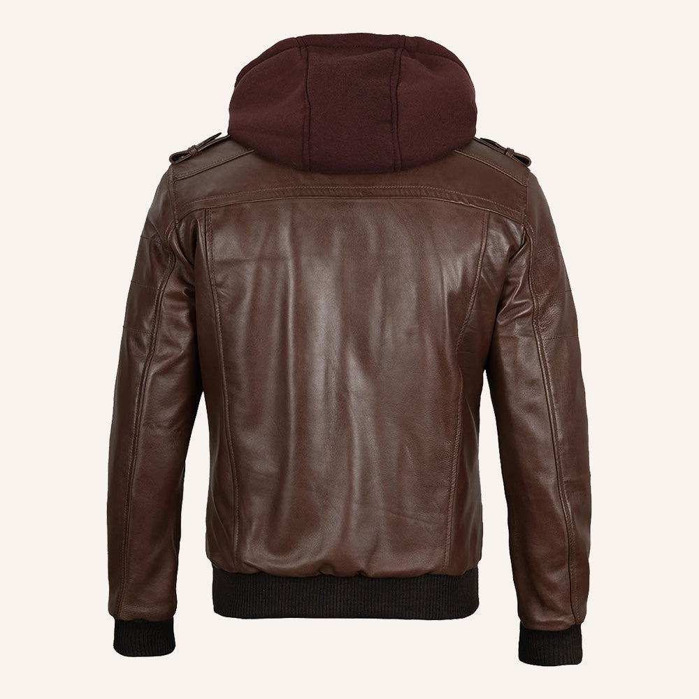 Men’s Brown Real Leather 2-in-1 Hooded Bomber Jacket with Removable Maroon Hood