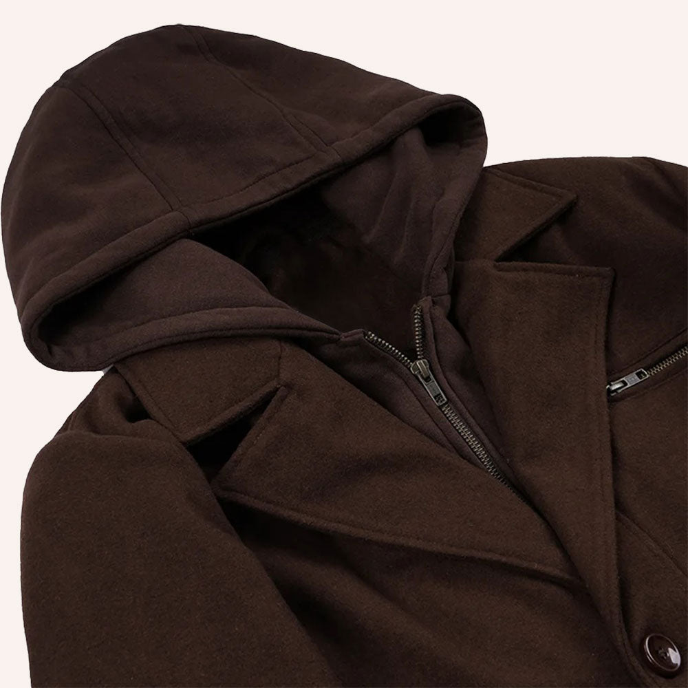 Men’s Classic Dark Brown Wool Pea Coat with Removable Hood