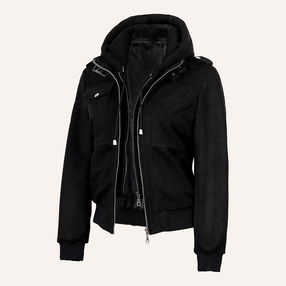 Women’s Black Suede 2-in-1 Hooded Bomber Jacket with Removable Hood