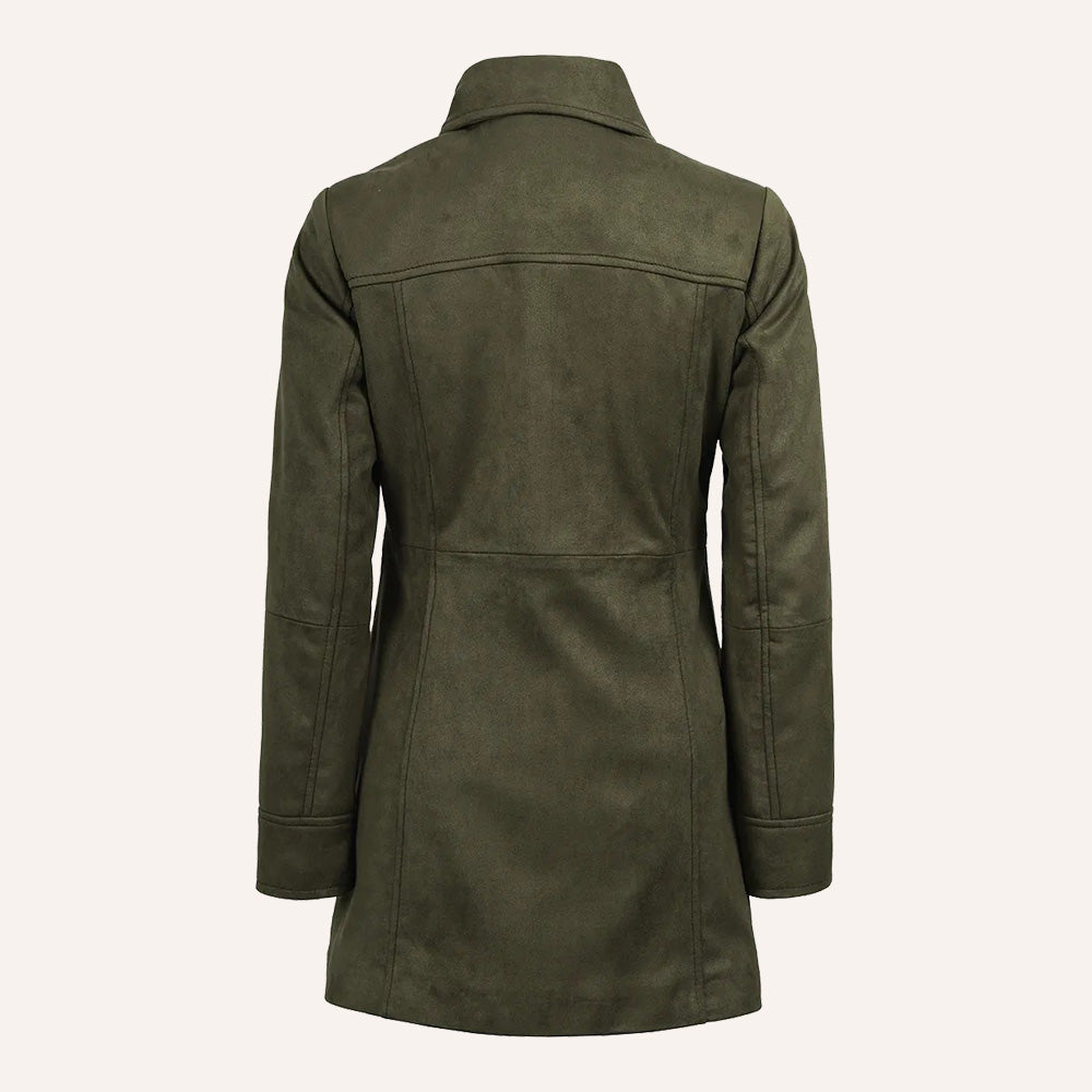 Women’s Classic Olive Green Suede Leather Mid-Length Trench Coat