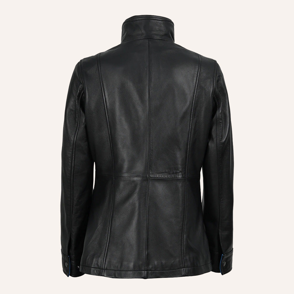 Women’s Classic Two-Tone Black and Royal Blue Real Leather Mid-Length Coat