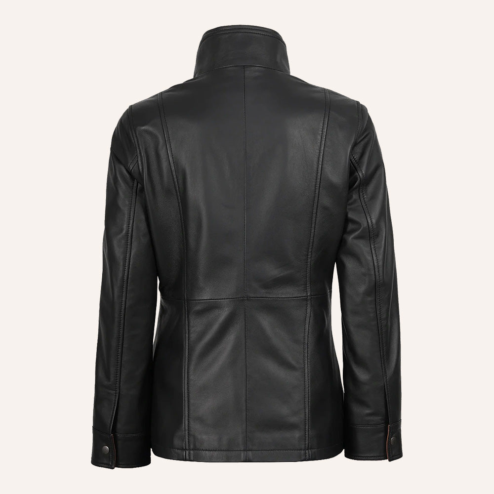 Women’s Classic Two-Tone Black and Tan Brown Real Leather Mid-Length Coat