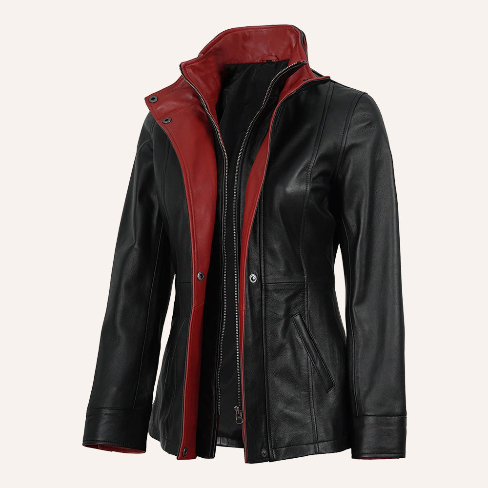 Women’s Classic Two-Tone Black and Crimson Red Real Leather Mid-Length Coat