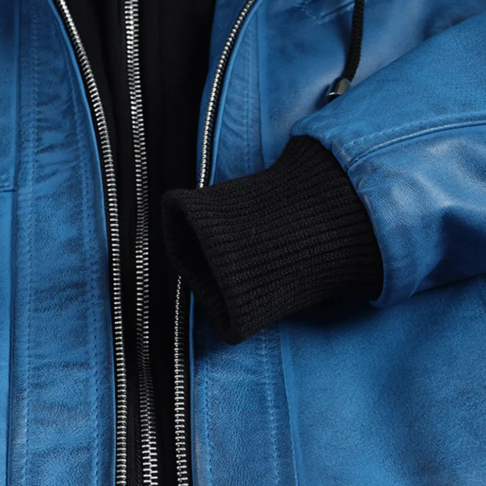 Women’s Classic Vibrant Blue Real Leather 2-in-1 Hooded Bomber Jacket with Removable Hood