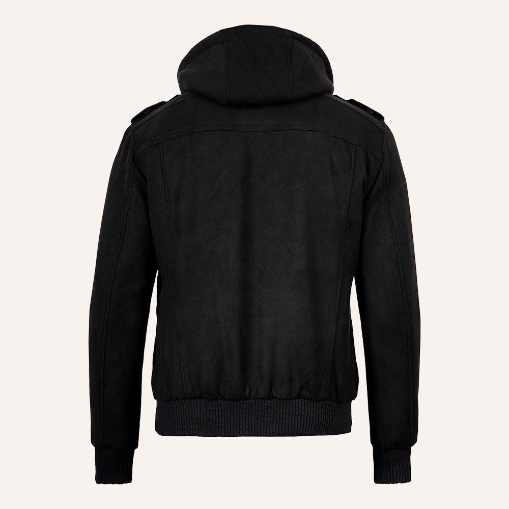 Men’s Classic Black Real Suede 2-in-1 Hooded Bomber Jacket with Removable Hood