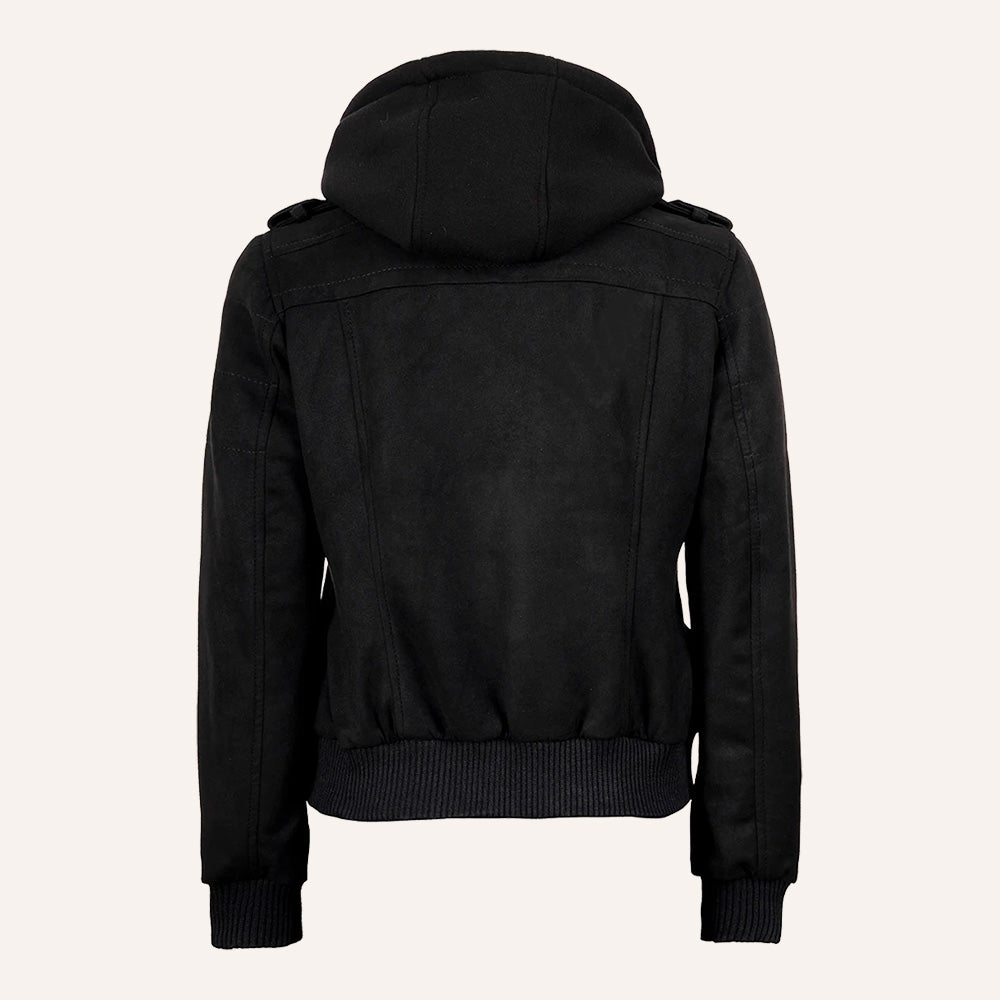 Women’s Black Suede 2-in-1 Hooded Bomber Jacket with Removable Hood