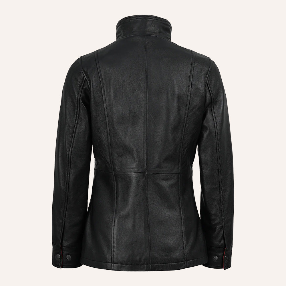 Women’s Classic Two-Tone Black and Crimson Red Real Leather Mid-Length Coat