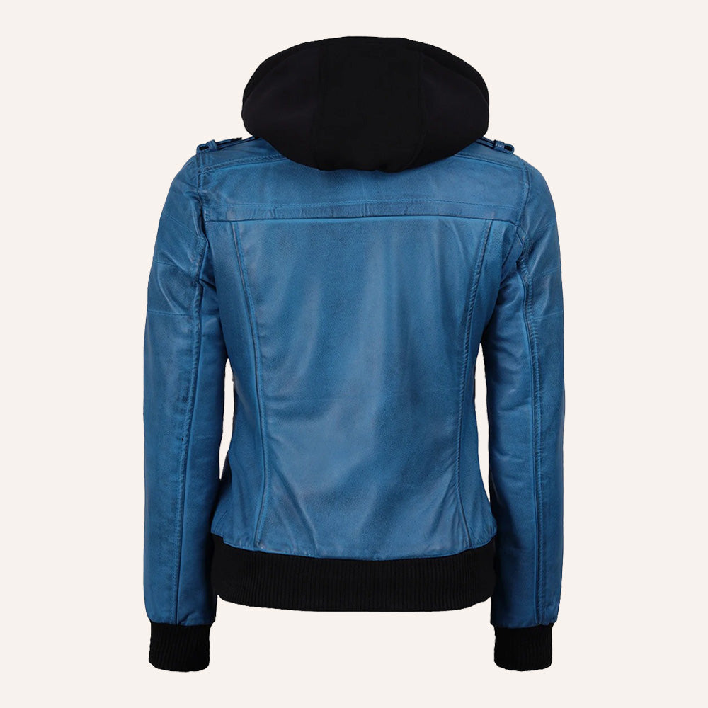 Women’s Classic Vibrant Blue Real Leather 2-in-1 Hooded Bomber Jacket with Removable Hood