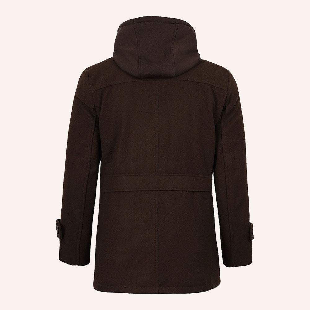 Men’s Classic Dark Brown Wool Pea Coat with Removable Hood